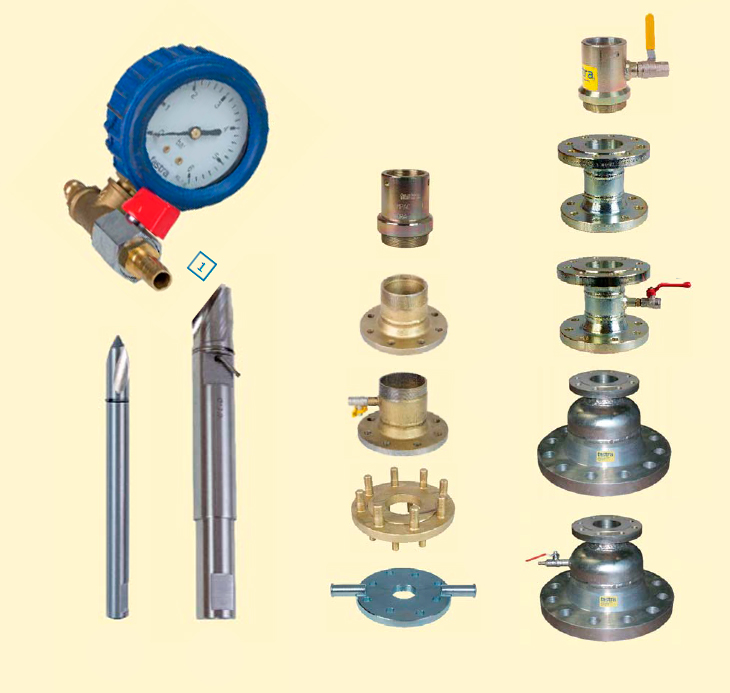 Chambers, adapters, fittings, centering pilots, pressure gauge parts.